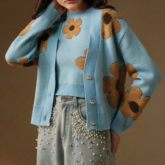 Blue Casual Women's Jacquard V-Neck Cardigan And Round Neck Knit Vest - Picture 4 of 8